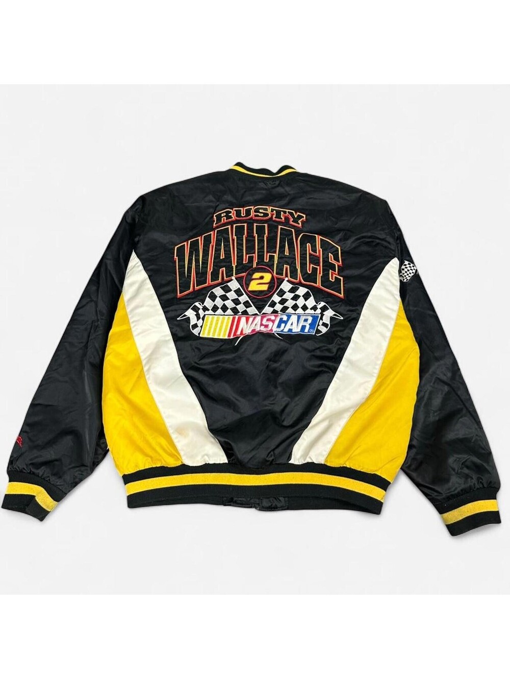 VTG NASCAR Racing Rusty Wallace yellow satin style bomber zipup jacket nutmeg XL
